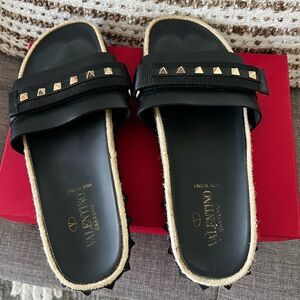 Valentino Black Slide Sandals with Gold Pyramid Studs